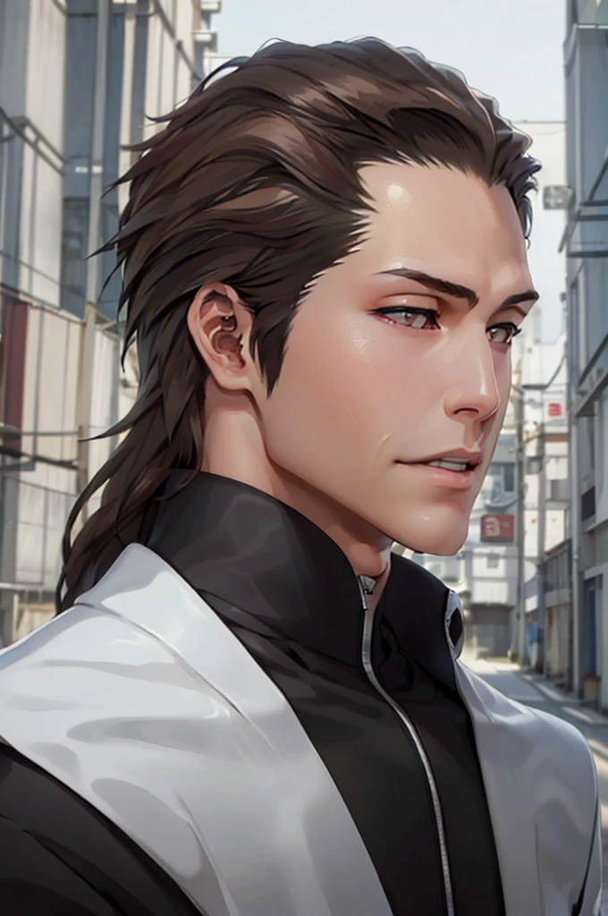 Aizen, (brown hair), black winter male overcoat black clothing,(masterpiece, best quality:1.2), cowboy shot, solo, male focus, 1boy, looking at viewer,dark formal suit, black formal outfit, black coat, walking straight,(photorealistic:1.4), (masterpiece, sidelighting, finely detailed beautiful eyes: 1.2),black leather gloves,masterpiece, best quality, ultra high res, highly detailed,