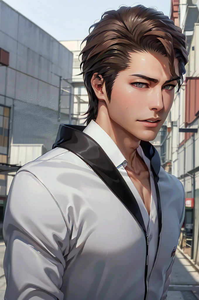 Aizen, (brown hair), black winter male overcoat black clothing,(masterpiece, best quality:1.2), cowboy shot, solo, male focus, 1boy, looking at viewer,dark formal suit, black formal outfit, black coat, walking straight,(photorealistic:1.4), (masterpiece, sidelighting, finely detailed beautiful eyes: 1.2),black leather gloves,masterpiece, best quality, ultra high res, highly detailed,