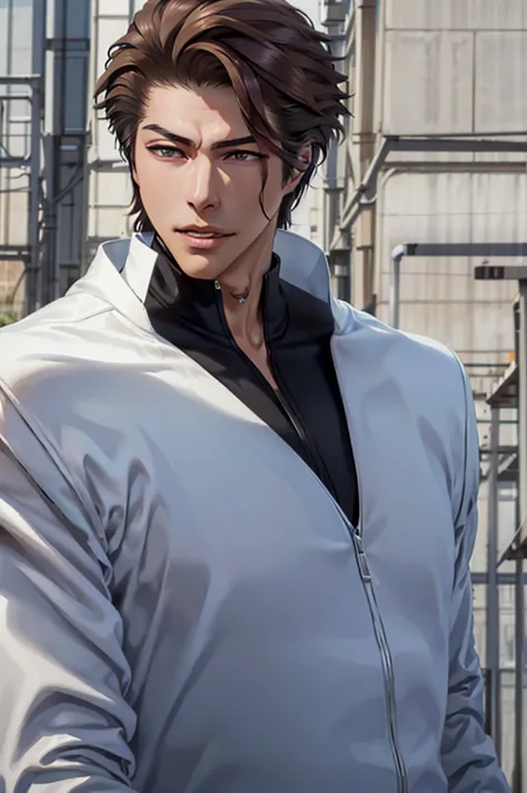 aizen, (brown hair), black winter male overcoat black clothing,(masterpiece, best quality:1.2), cowboy shot, solo, male focus, 1...