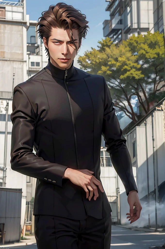 Aizen, (brown hair), black winter male overcoat black clothing,(masterpiece, best quality:1.2), cowboy shot, solo, male focus, 1boy, looking at viewer,dark formal suit, black formal outfit, black coat, walking straight,(photorealistic:1.4), (masterpiece, sidelighting, finely detailed beautiful eyes: 1.2),black leather gloves,masterpiece, best quality, ultra high res, highly detailed,