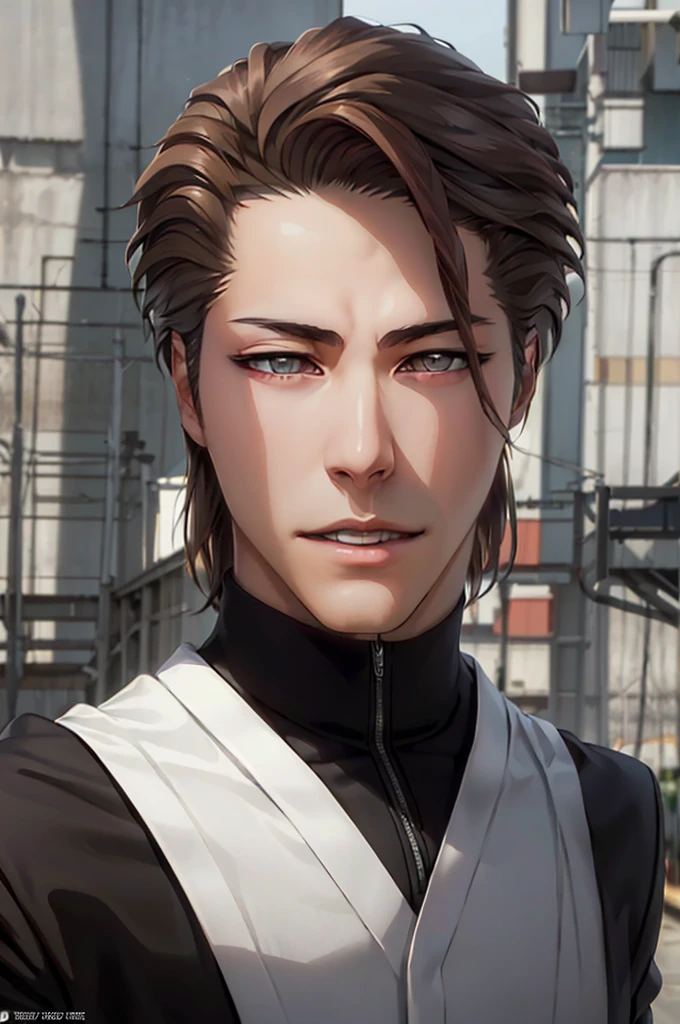 Aizen, (brown hair), black winter male overcoat black clothing,(masterpiece, best quality:1.2), cowboy shot, solo, male focus, 1boy, looking at viewer,dark formal suit, black formal outfit, black coat, walking straight,(photorealistic:1.4), (masterpiece, sidelighting, finely detailed beautiful eyes: 1.2),black leather gloves,masterpiece, best quality, ultra high res, highly detailed,