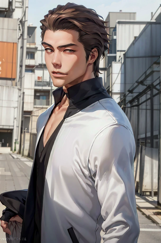 Aizen, (brown hair), black winter male overcoat black clothing,(masterpiece, best quality:1.2), cowboy shot, solo, male focus, 1boy, looking at viewer,dark formal suit, black formal outfit, black coat, walking straight,(photorealistic:1.4), (masterpiece, sidelighting, finely detailed beautiful eyes: 1.2),black leather gloves,masterpiece, best quality, ultra high res, highly detailed,