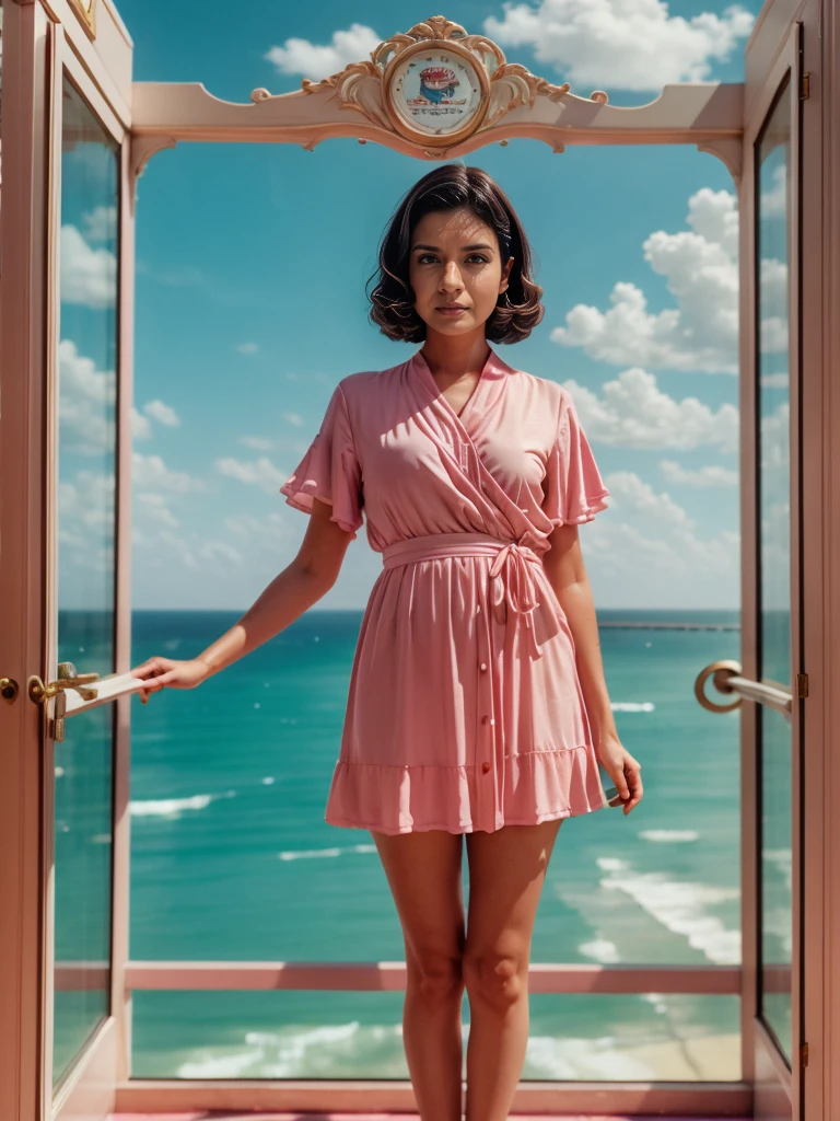 8k, high quality, detailed, hyper realistic,  Wes Anderson color palette, Wes Anderson symmetry, pastel colors, natural lighting, cinematic, whimsical, quirky, symmetrical framing, vintage aesthetic, nostalgic, dreamy, surreal, 1girl