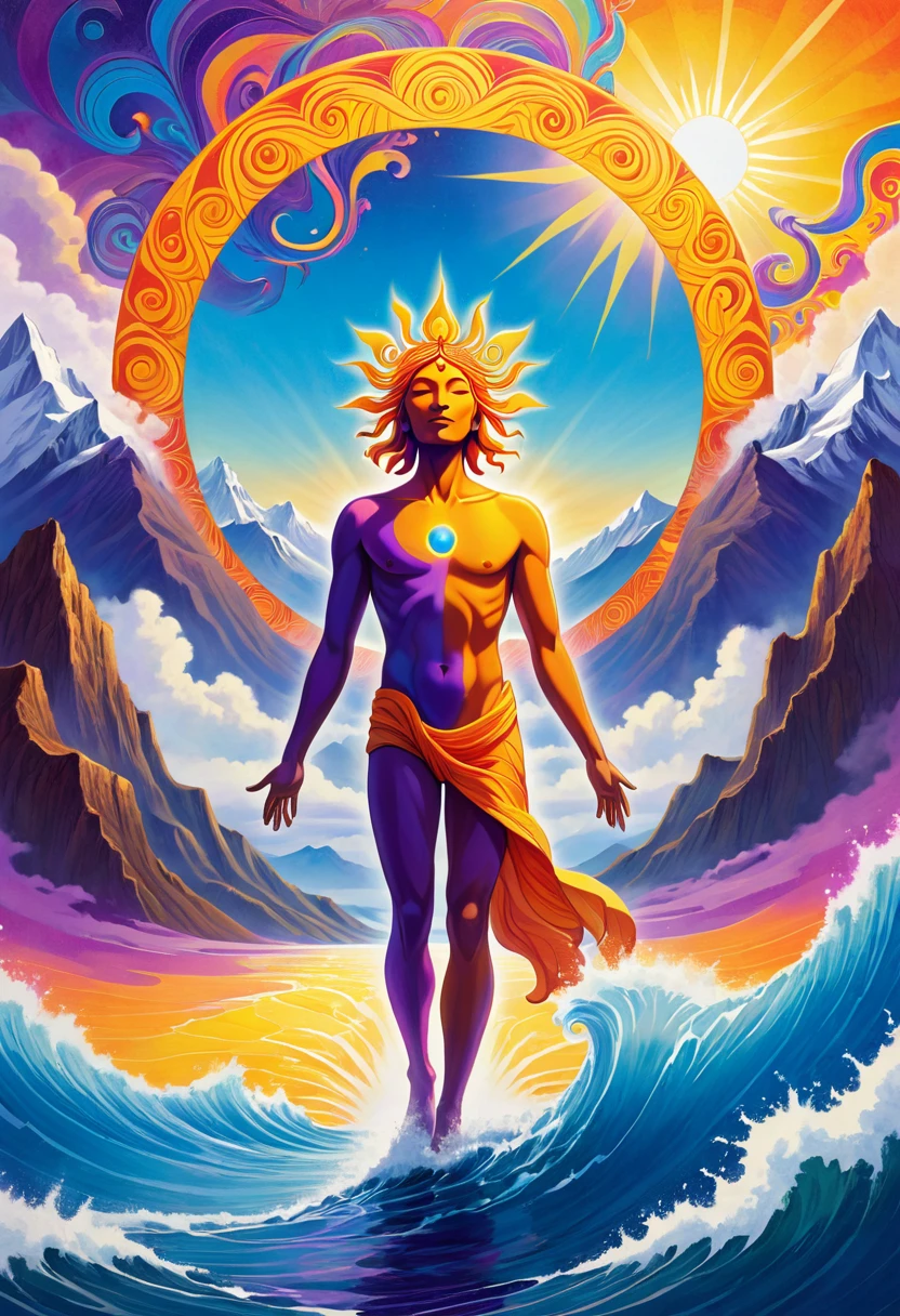 album cover with modern and minimalist frame, orange human figure emerging from the blue sea and ascending to the violet heavens, yellow inca sun in the upper background, mountains in the lower background, swirly vibrant colors, psychedelic art