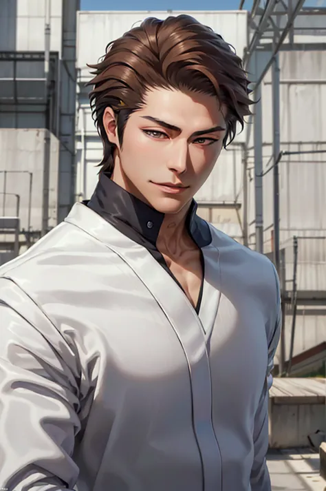 Aizen, (brown hair), brown eyes, black winter male overcoat black clothing,(masterpiece, best quality:1.2), cowboy shot, solo, m...