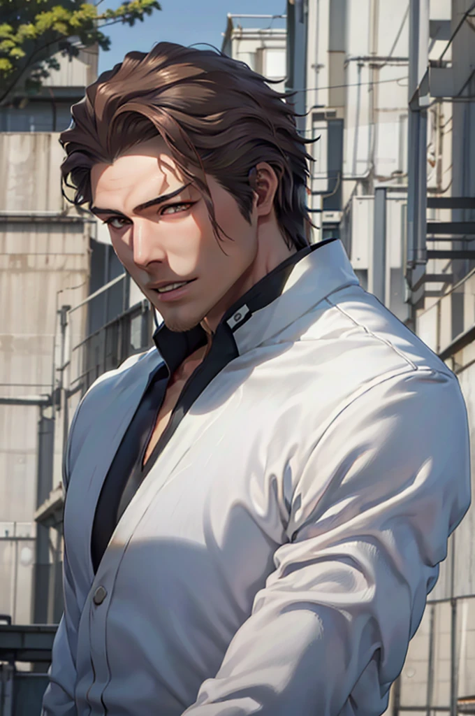 Aizen, (brown hair), brown eyes, black winter male overcoat black clothing,(masterpiece, best quality:1.2), cowboy shot, solo, male focus, 1boy, looking at viewer,dark formal suit, black formal outfit, black coat, walking straight,(photorealistic:1.4), (masterpiece, sidelighting, finely detailed beautiful eyes: 1.2),black leather gloves,masterpiece, best quality, ultra high res, highly detailed,