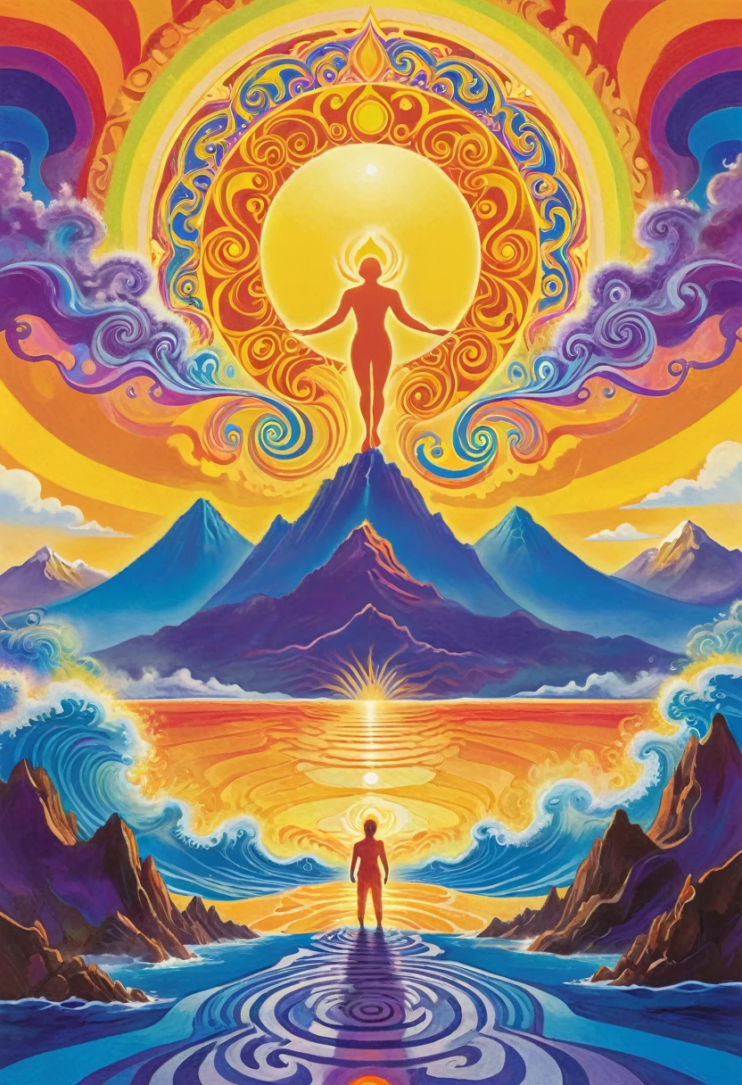 album cover with modern and minimalist frame, orange human figure emerging from the blue sea and ascending to the violet heavens, yellow inca sun in the upper background, mountains in the lower background, swirly vibrant colors, psychedelic art