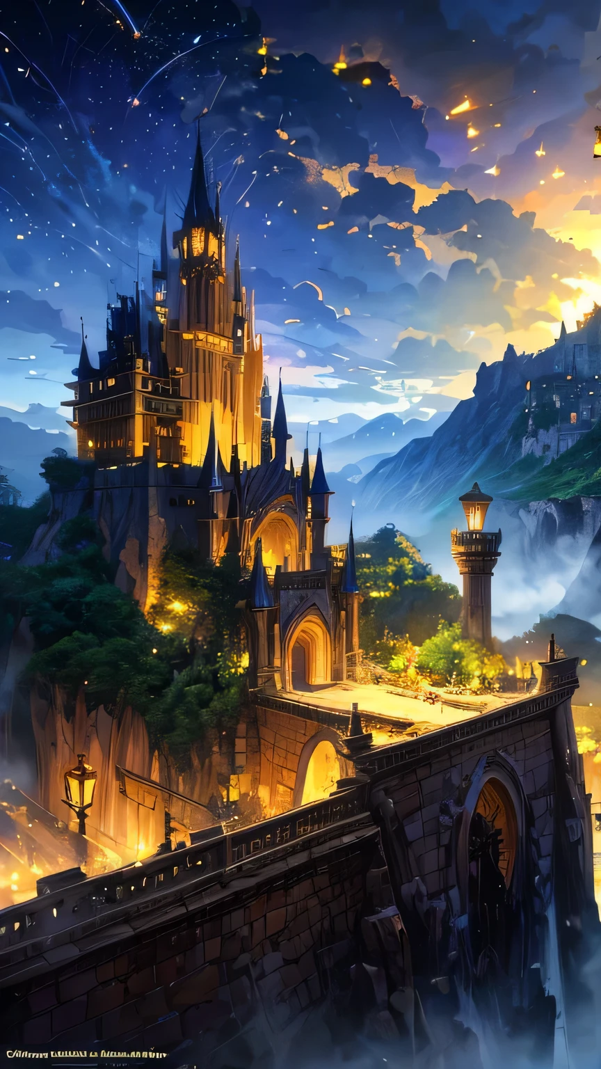 Un castillo fantástico, el símbolo de Anime Village, con una montaña al fondo, medeival ciudad de fantasía, ciudad fortaleza de montaña, ciudad de fantasía setting, Arte digital de fantasía detallada, un bullicioso pueblo mágico, arte conceptual digital detallado, Ciudad en lo alto de un acantilado, Arte digital muy detallado en 4K, ciudad de fantasía, Arte conceptual detallado en 4K, arte de fantasía muy detallado, Arte conceptual bellamente detallado, Castillo del pueblo steampunk (Efecto de rotura) (Luciérnagas y efectos de luz.)
