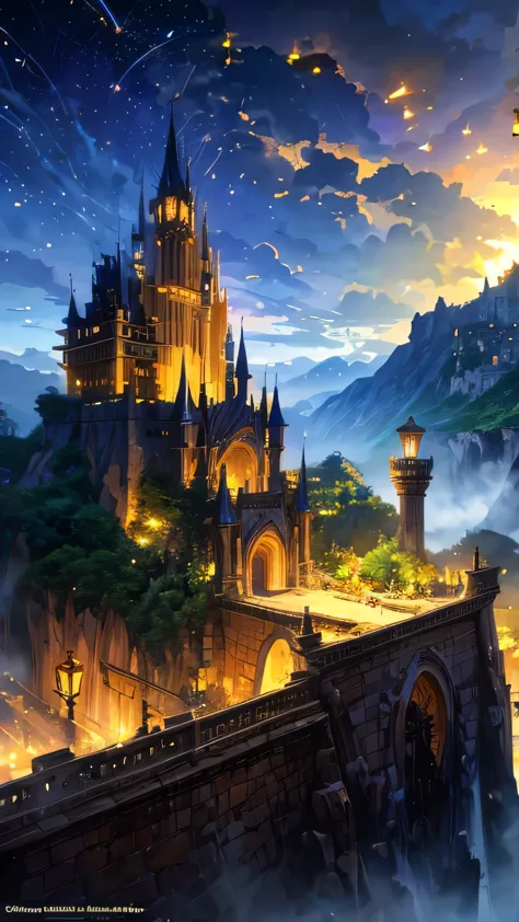 A fantastic castle, the symbol of Anime Village, with a mountain in the background, medeival fantasy town, Mountain fortress cit...