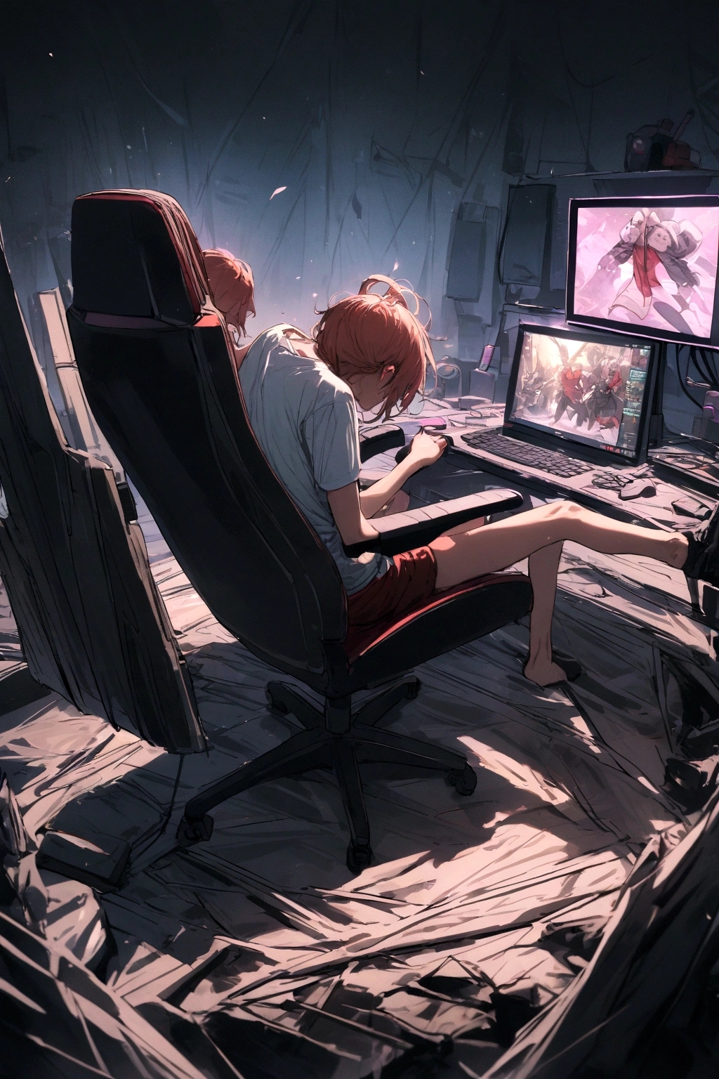 قوة,الجلوس على كرسي الألعاب,اللعب على جهاز الكمبيوتر,يرتدي قميصا مكتوبا, هارل,في المنتصف.