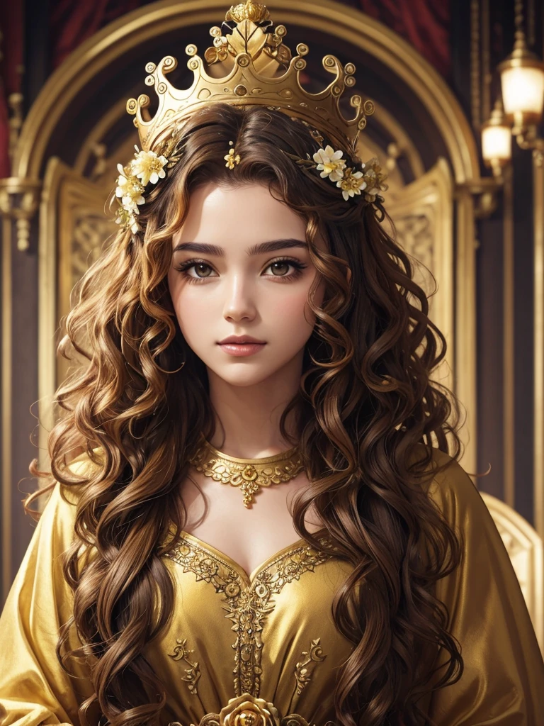 character with curly hair, golden crown on your head and flowers around