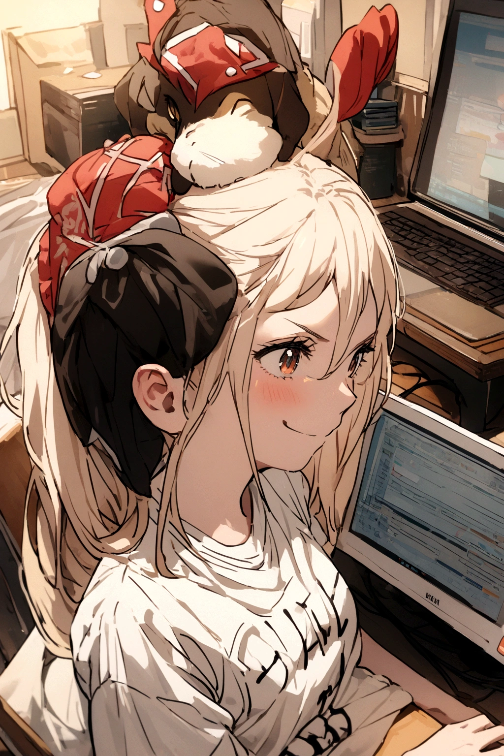 A Power,playing on a PC,all happy and cheerful,wearing a shirt written, Harl,in the middle, of the shirt.