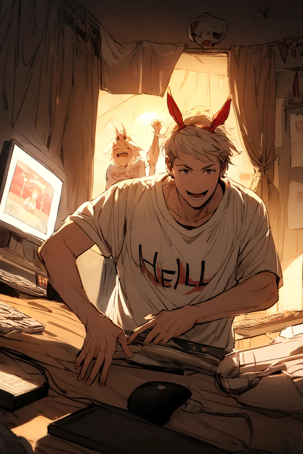 A Power,playing on a PC,all happy and cheerful,wearing a shirt written, Harl,in the middle, of the shirt.