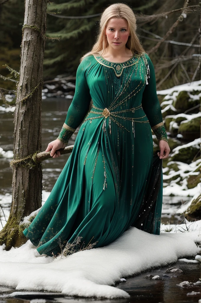 portrait painting of 1girl, 45 years old Woman, thick figure, heavy physique, Full figured woman, galadriel, elf, blonde hair, blue eyes, green dress,detailed skin, fantasy, snowy nordic forest, modelshoot style, (extremely detailed CG), photo of beautiful artwork, (Antonio Moro), (Jeremy Mann), High Detail, Sharp focus, dramatic, oil painting, realistic  