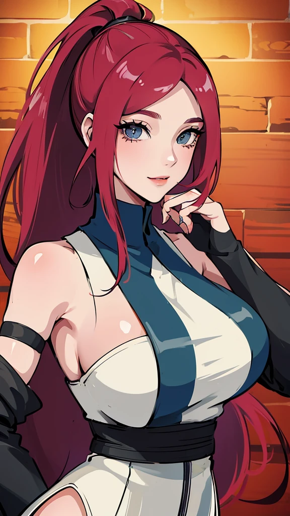 uzumaki_kushina,very large_breasts, medium thighs, large_ass, solo,  wedding dress ,ponytail, masterpiece, best quality, detailed face, detailed eyes, highres, (masterpiece:1.4, best quality:1.2), (Highres), (Detailed Illustration), Ultra-Detailed, konohagakure,looking in front, smiling playfully,blue eyes,fat