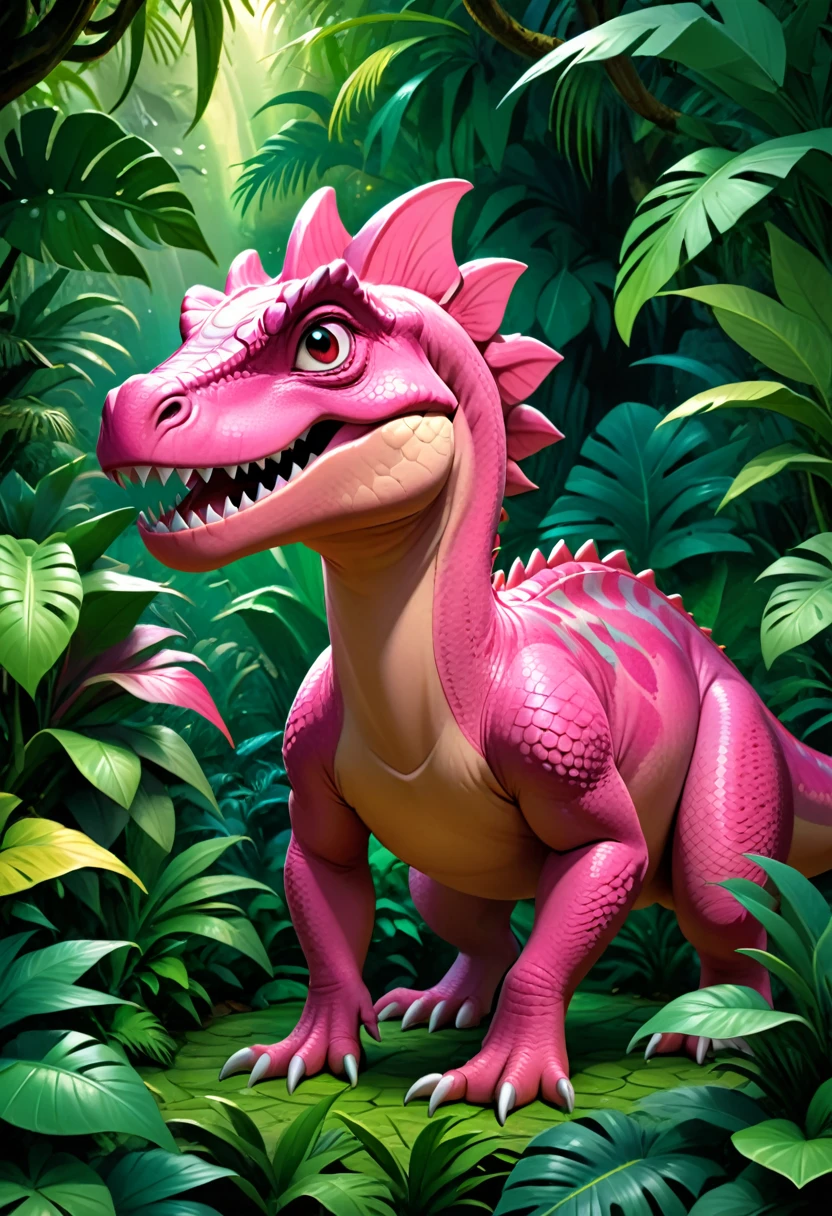 A pink dinosaur, hyperrealistic, highly detailed, intricate scales, sharp teeth, intense gaze, surrounded by lush jungle foliage, warm lighting, vibrant colors, photorealistic, 8k, best quality, masterpiece
