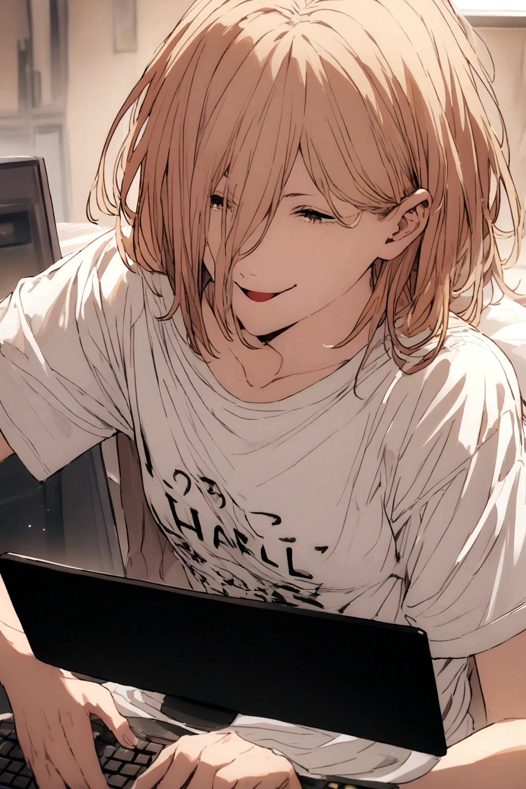 A Power,playing on a PC,all happy and cheerful,wearing a shirt written, Harl,in the middle, of the shirt.