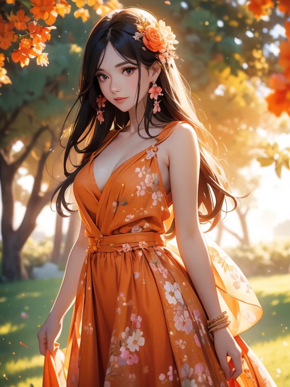 eine Frau in einem orangefarbenen Kleid mit Blumenmuster, steht vor einem Baum mit rosafarbenen Blüten. Sie hat langes schwarzes Haar und blasse Haut, natürliche mittelgroße Brüste. Sie trägt Ohrringe und ein Armband am Handgelenk. Das Bild ist gut beleuchtet, mit der Sonne im Gesicht. Die allgemeine Stimmung des Bildes ist romantisch und verträumt.