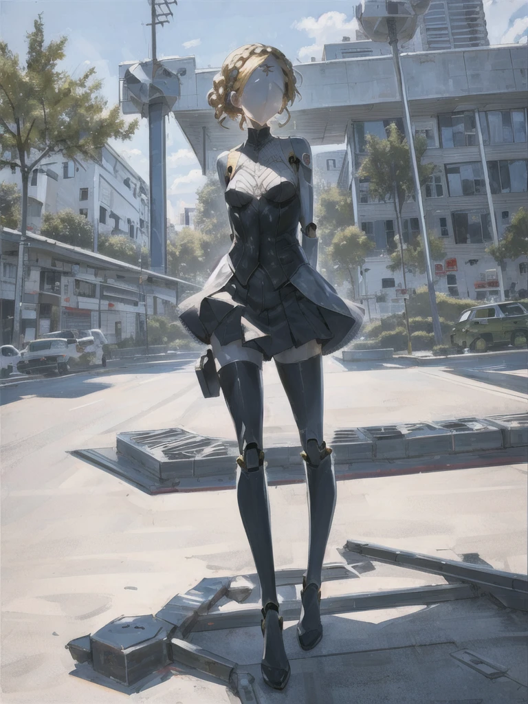 (robot:1.2), masterpiece, best quality, detailed, 1girl, hair, looking at viewer, (top:1.4), (mini skirt:1.3), city, people, arms behind back, sunny sky, house, street, cafe