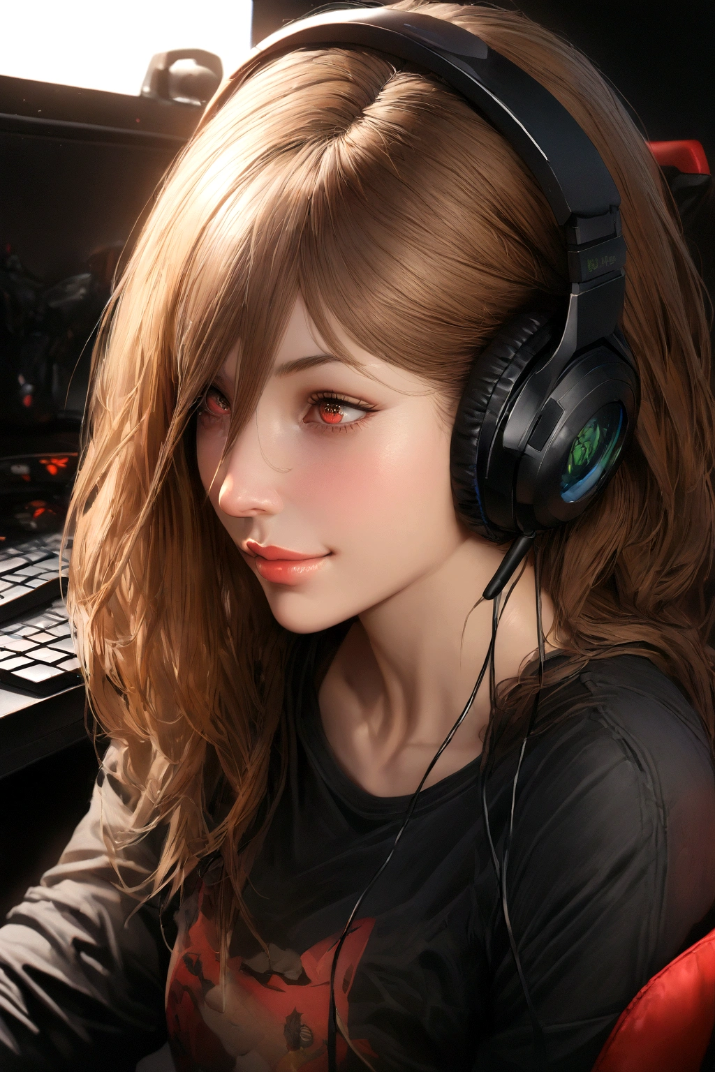 a powerful gaming girl, 1girl, beautiful detailed eyes, beautiful detailed lips, extremely detailed eyes and face, long eyelashes, beautiful gaming setup, gaming pc, gaming chair, gaming desk, gaming headset, gaming mouse, gaming keyboard, happy expression, bright smile, playing video games, harl logo t-shirt, 3/4 view, hyper realistic, 8k, best quality, masterpiece, ultra-detailed, realistic, photorealistic, physically-based rendering, extreme detail description, vivid colors, studio lighting