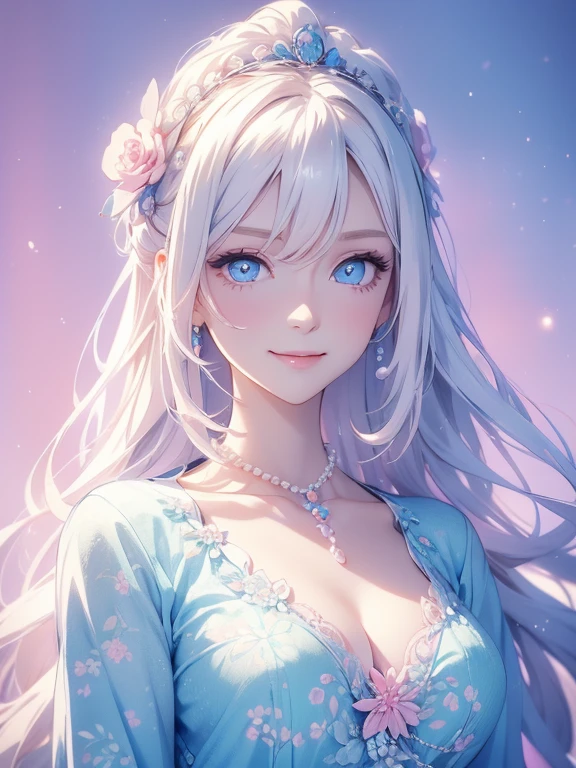 a digital illustration of a woman with long white hair and blue eyes wearing a floral shirt and a pearl necklace. She is looking at the camera with a smiling expression. The background is a pastel color palette with a hint of pink and blue. The overall style is anime with a cute and innocent look.