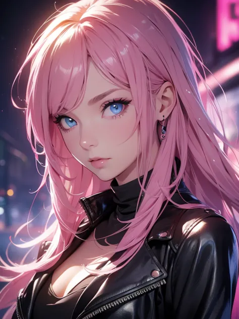 a woman with pink hair and blue eyes wearing a black leather jacket and a pink shirt. She has a thoughtful expression on her fac...