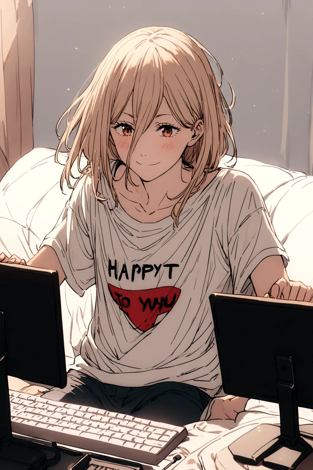 a power,playing on a pc,all happy to win you ,wearing a shirt written, harl.