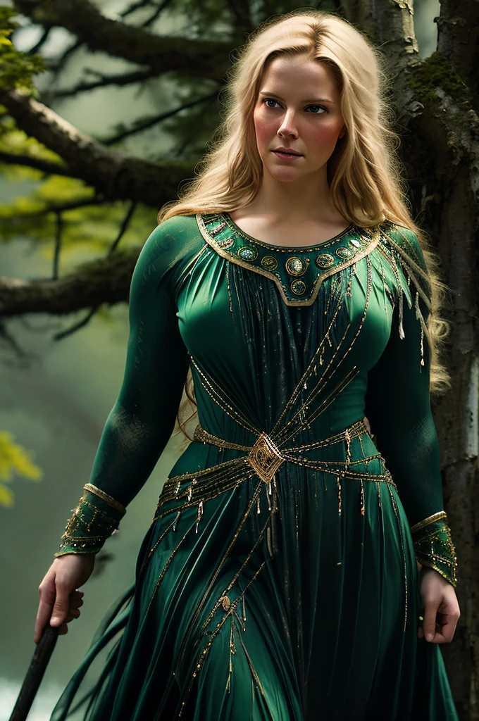 portrait painting of 1girl, 45 years old Woman, thick figure, heavy physique, erotic fantasy, erotic costumes, massive breast, wide hips, Full figured woman, galadriel, elf, blonde hair, blue eyes, green dress,detailed skin, fantasy, snowy nordic forest, modelshoot style, (extremely detailed CG), photo of beautiful artwork, (Antonio Moro), (Jeremy Mann), High Detail, Sharp focus, dramatic, oil painting, realistic  