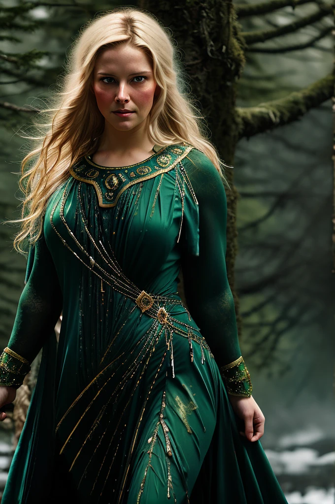 portrait painting of 1girl, 45 years old Woman, thick figure, heavy physique, erotic fantasy, erotic costumes, massive breast, wide hips, Full figured woman, galadriel, elf, blonde hair, blue eyes, green dress,detailed skin, fantasy, snowy nordic forest, modelshoot style, (extremely detailed CG), photo of beautiful artwork, (Antonio Moro), (Jeremy Mann), High Detail, Sharp focus, dramatic, oil painting, realistic  