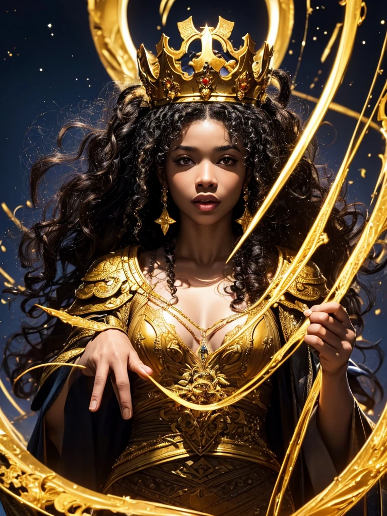an Afro-descendant queen character with curly hair, wearing long dark clothes, personality would be, with golden crown on his head, wearing gold jewelry, starry sky around
