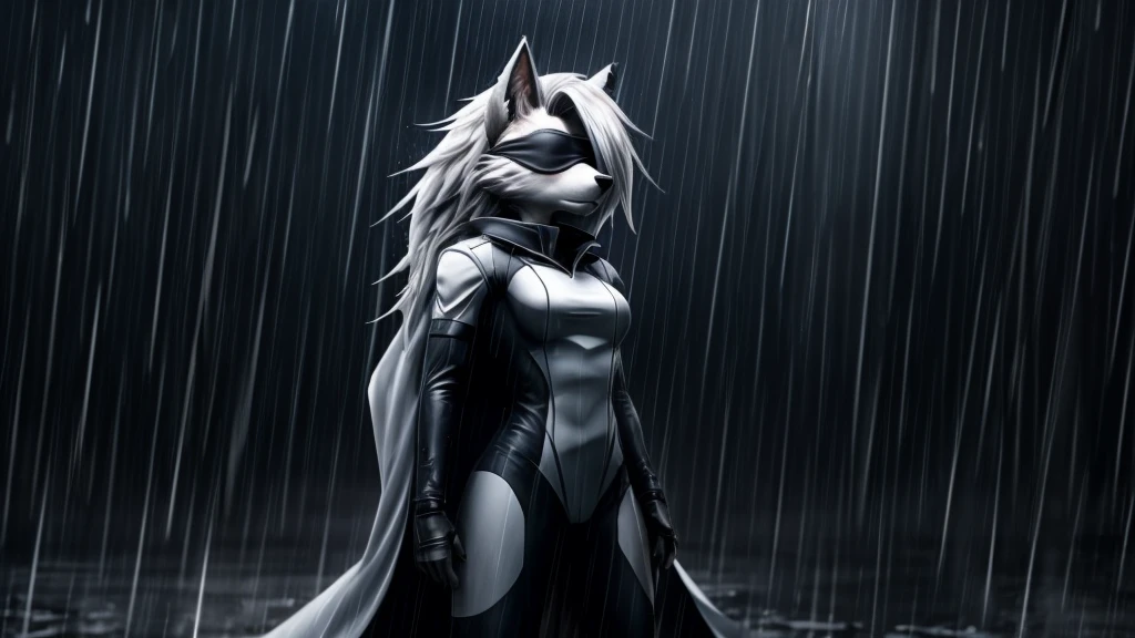 Loona from Helluva Boss, female white wolf, anthro, short white hair, blindfold, white combat suit, white cape, standing, serious, raining, clear background, dark lighting, detailed, solo, beautiful, high quality, 4K