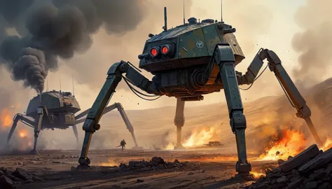 concept art, clockworkspider tank walker from the first world war . oil painting on trend, muted colors, slate tones, brush stro...