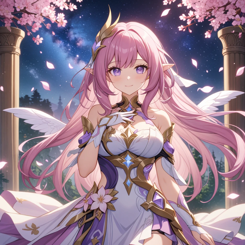 ai-generated,very aesthetic,1girl,elysia_/(herrscher_of_human:ego/)_/(honkai_impact/),pointed_ears,pink_hair,dreamy anime fantasy background,raytracing,light purple eyes,floating,light particles,dsmile,starry sky, shooting stars,celestial,intricate,large breasts,long eyelashes,goddess,(best quality,4k,8k,highres,masterpiece:1.2),night、High quality、Beautiful art、background cherry blossoms舞い散る,Visual art、Depth of the bounds written、、elf ears、The magic of light、universe、A happy smile、gentle light、lanthanum、get lost、、Ticker beautiful decoration、elegant、mystical　Pink、　heaven、beautiful dressy、beautiful dress、、giant galaxy、morning、myth、ART、cherry blossoms、spring、flower petals、Cherry blossoms fluttering down、Fantastic、Mystery Forest、in the forest、The light of magic、Nature、Magnificent flower fields、World of Angels、fantasy、hourglass、decoration、marble columns、gold foil、Mystery of Light、art nouveau、alphonse　mucha、Greece、rome、Byzantine、art、art,mystery,uhd,magicalgentle light,