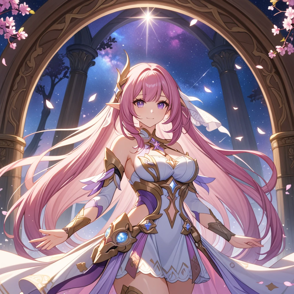 ai-generated,very aesthetic,1girl,elysia_/(herrscher_of_human:ego/)_/(honkai_impact/),pointed_ears,pink_hair,dreamy anime fantasy background,raytracing,light purple eyes,floating,light particles,dsmile,starry sky, shooting stars,celestial,intricate,large breasts,long eyelashes,goddess,(best quality,4k,8k,highres,masterpiece:1.2),night、High quality、Beautiful art、background cherry blossoms舞い散る,Visual art、Depth of the bounds written、、elf ears、The magic of light、universe、A happy smile、gentle light、lanthanum、get lost、、Ticker beautiful decoration、elegant、mystical　Pink、　heaven、beautiful dressy、beautiful dress、、giant galaxy、morning、myth、ART、cherry blossoms、spring、flower petals、Cherry blossoms fluttering down、Fantastic、Mystery Forest、in the forest、The light of magic、Nature、Magnificent flower fields、World of Angels、fantasy、hourglass、decoration、marble columns、gold foil、Mystery of Light、art nouveau、alphonse　mucha、Greece、rome、Byzantine、art、art,mystery,uhd,magicalgentle light,