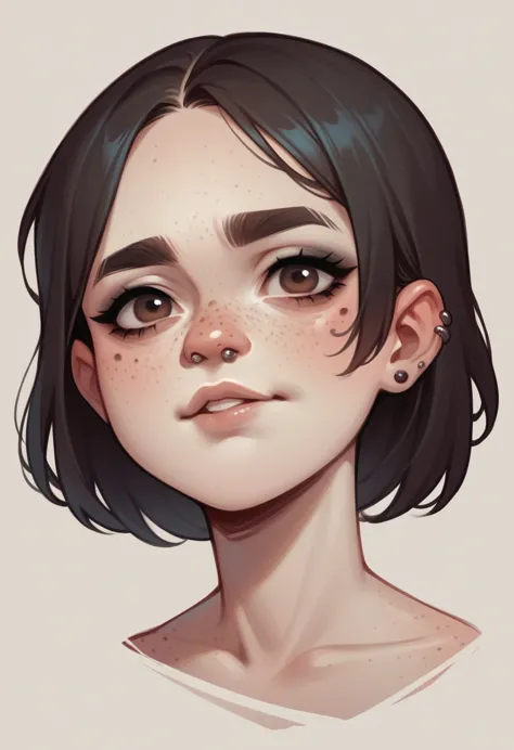 make me a pale blythe doll with short hair and dark hair, big brown eyes and black eyeliner, who has a piercing in his eyebrow a...
