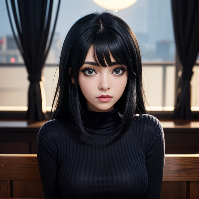 anime girl with short black hair and blue eyes. staring at the camera, she has black hair with bangs, 1 7 - year - gothic, with black hair, black hair and blue eyes., woman wearing a black turtleneck sweater, sensual lips, raven black hair, beautiful anime, black hime cropped fur