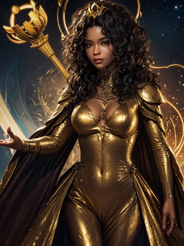 an Afro-descendant queen character with curly hair, wearing long dark clothes, personality would be, with golden crown on his head, wearing gold jewelry, starry sky around, holding the crown