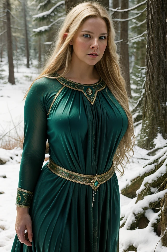 portrait painting of 1girl, 45 years old Woman, thick figure, heavy physique, erotic fantasy, erotic costumes, massive breast, wide hips, Full figured woman, galadriel, elf, blonde hair, blue eyes, green dress,detailed skin, fantasy, snowy nordic forest, modelshoot style, (extremely detailed CG), photo of beautiful artwork, (Antonio Moro), (Jeremy Mann), High Detail, Sharp focus, dramatic, oil painting, realistic  