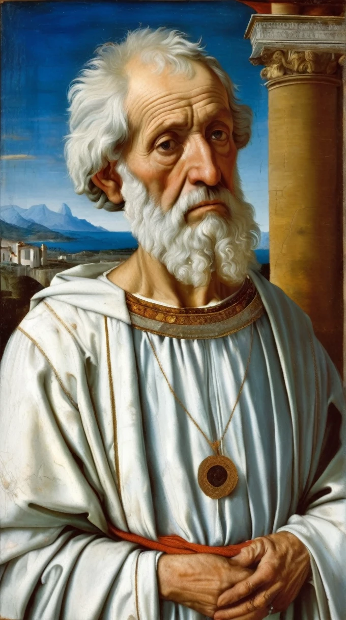 Portrait of a poorly dressed old man in white with blue background in the style of Giovanni Bellini. In the appearance of the dux Leonardo Loredan, oil and tempera on panel.