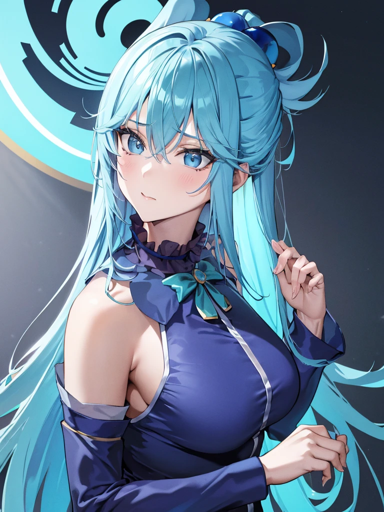 blue hair, masterpiece, amazing, 8 k, detailed, 1 girl, aqua, (bluРеd background), ((wallpaper)), blue eyes, Cute, wallpaper,Yu, dark background, hands behind your back, (Above), (looking up)