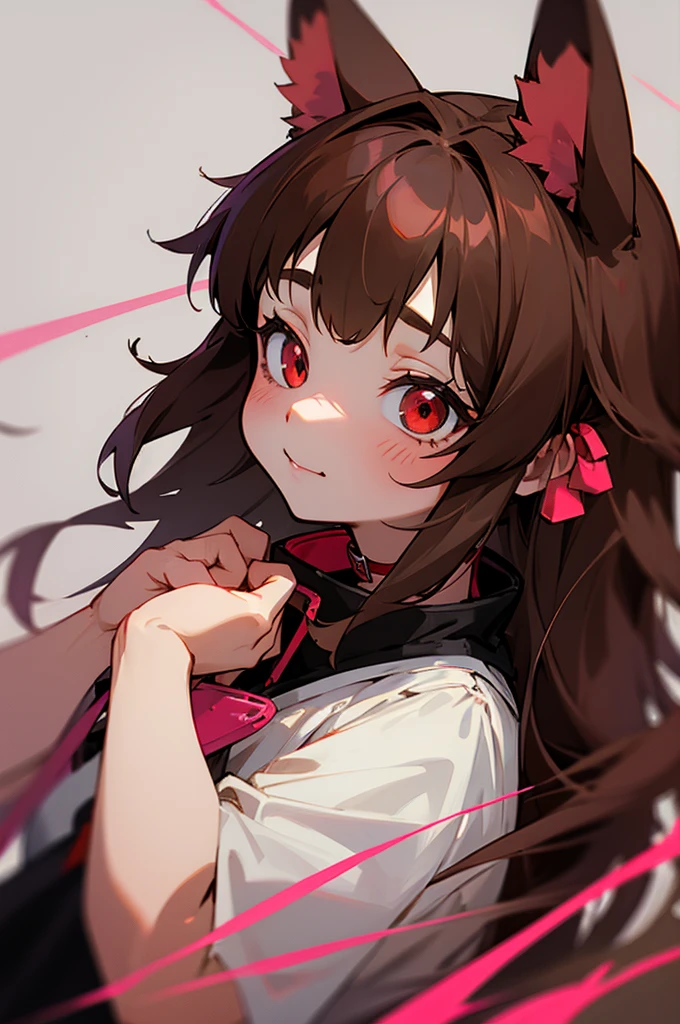 young furry cute little bunny girl with long messy brown hair, RED eyes, wearing a black and red Japanese , wearing a pink pet collar, family friendly
