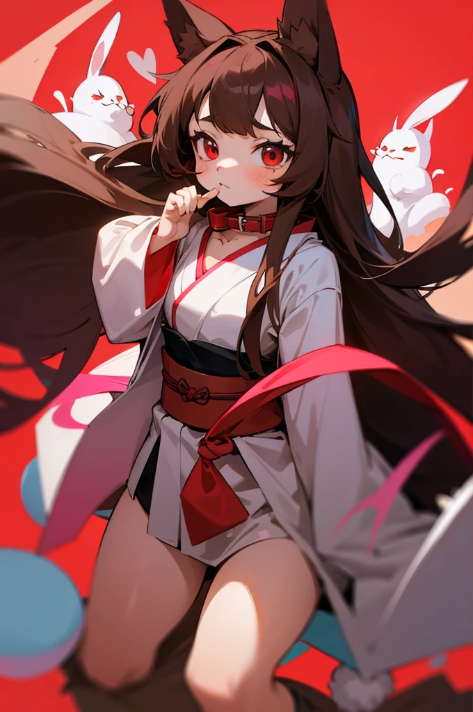 young furry cute little bunny girl with long messy brown hair, RED eyes, wearing a black and red Japanese , wearing a pink pet collar, family friendly
