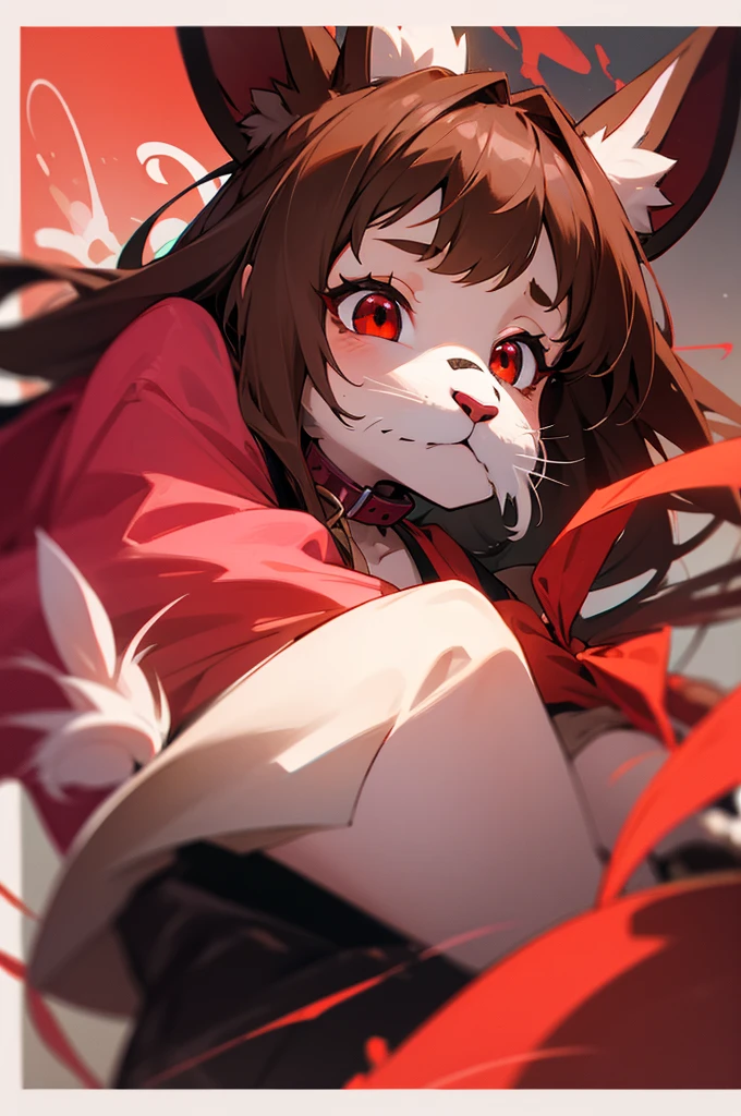 young furry cute little bunny girl with long messy brown hair, RED eyes, wearing a black and red Japanese , wearing a pink pet collar, family friendly
