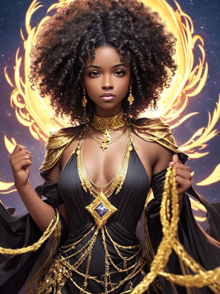 a dark Afro-descendant queen character with curly hair, wearing long dark clothes, personality would be, with a diamond crown on her head, wearing gold jewelry, burning starry sky all around