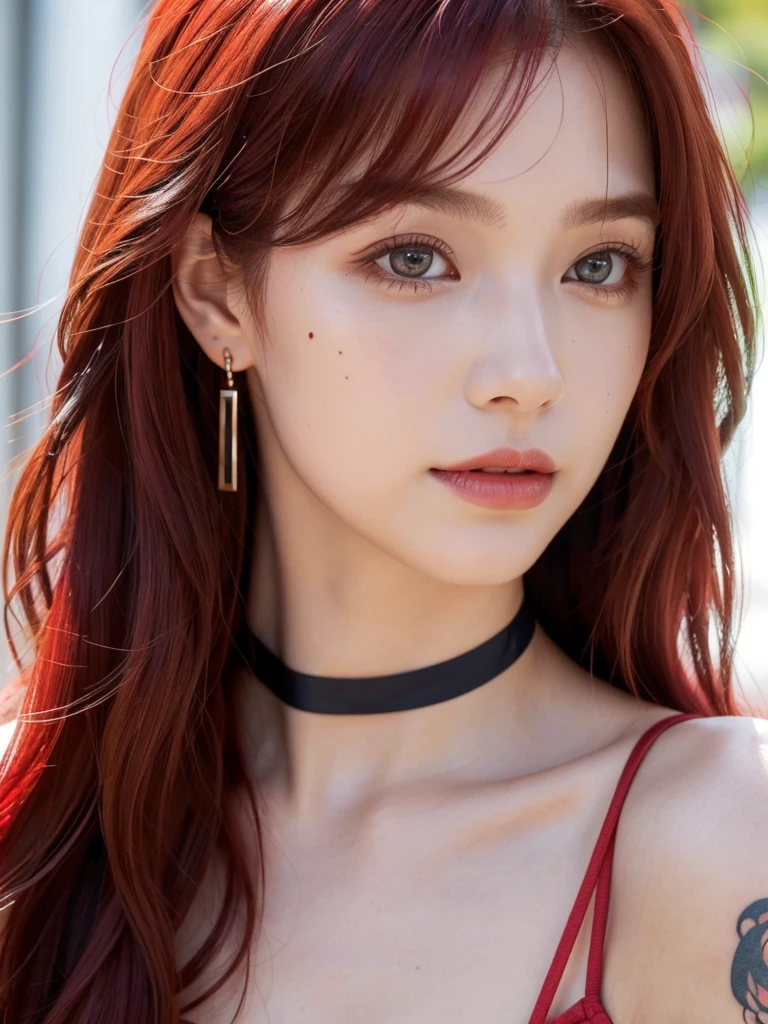 1girl, alone, solitary, high quality, (best quality,4k,8k,highres,masterpiece:1.2),ultra-detailed,(realistic,photorealistic,photo-realistic:1.37),gorgeous hair,red hair,red long curly hair with bangs,sharp eyes,mole under the eye,plump lips,jewelry,(high detailed skin:1.4),(rim lighting:1.3),(lit:1.3),(sunny day:1.3),portrait,beautiful lips,waist-length hair,seductive gaze,moles,casual clothes,colorful clothing,close up,super long hair,choker necklace,tattoos,tattooed,light eyes,bangs,fringe,20 year old,dimples on the cheeks,dimples,bright red hair,sharp eyebrows,redhead,ruby red,cherry red hair,wine red hair