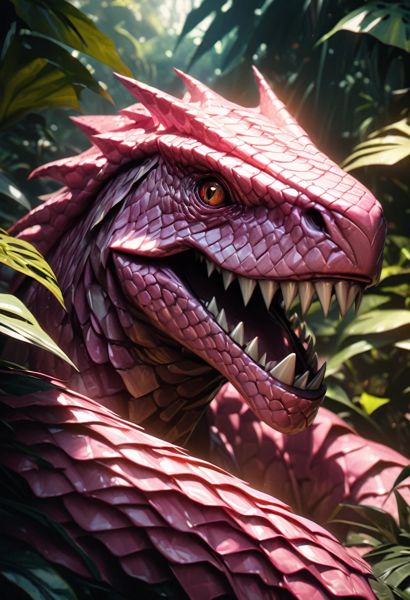 A pink dinosaur, hyperrealistic, highly detailed, intricate scales, sharp teeth, intense gaze, surrounded by lush jungle foliage, warm lighting, vibrant colors, photorealistic, 8k, best quality, masterpiece