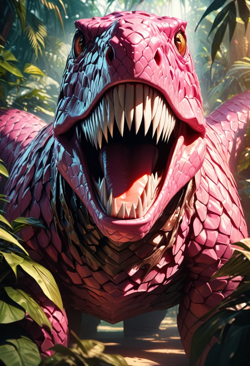 A pink dinosaur, hyperrealistic, highly detailed, intricate scales, sharp teeth, intense gaze, surrounded by lush jungle foliage, warm lighting, vibrant colors, photorealistic, 8k, best quality, masterpiece