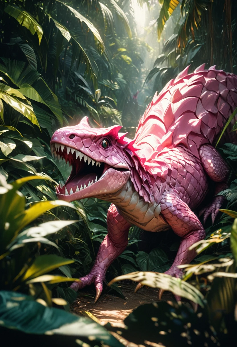 A pink dinosaur, hyperrealistic, highly detailed, intricate scales, sharp teeth, intense gaze, surrounded by lush jungle foliage, warm lighting, vibrant colors, photorealistic, 8k, best quality, masterpiece