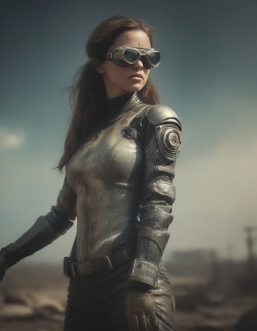 a post-apocalyptic desert landscape, a woman with a bionic arm, fierce expression, leather outfit, goggles, scavenging for resources, rusted vehicles, dust storm, dramatic lighting, gritty, cinematic composition, muted color palette, (best quality,4k,8k,highres,masterpiece:1.2),ultra-detailed,(realistic,photorealistic,photo-realistic:1.37),cinematic,dystopian,post-apocalyptic