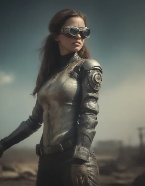 a post-apocalyptic desert landscape, a woman with a bionic arm, fierce expression, leather outfit, goggles, scavenging for resou...